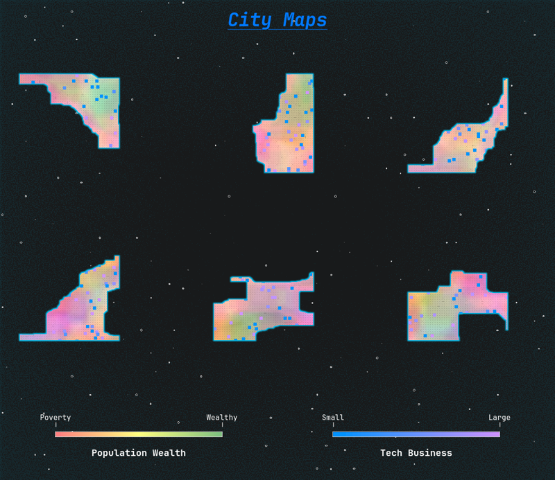 A map of the various cities that exist in my fictional world.