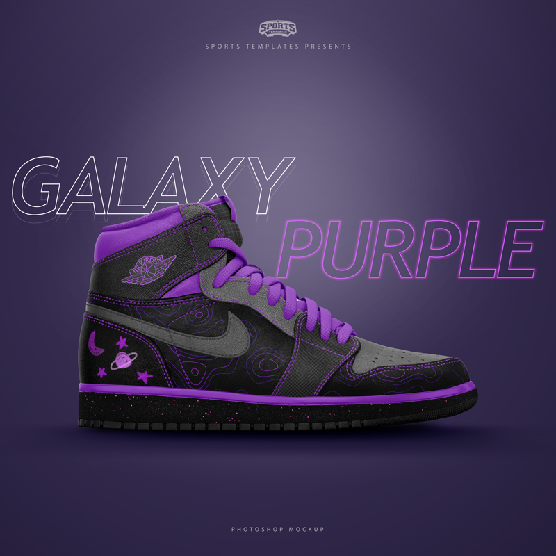 A mockup concept of a Jordans shoe with an overall purple theme, with the text 'Galaxy Purple' behind it.